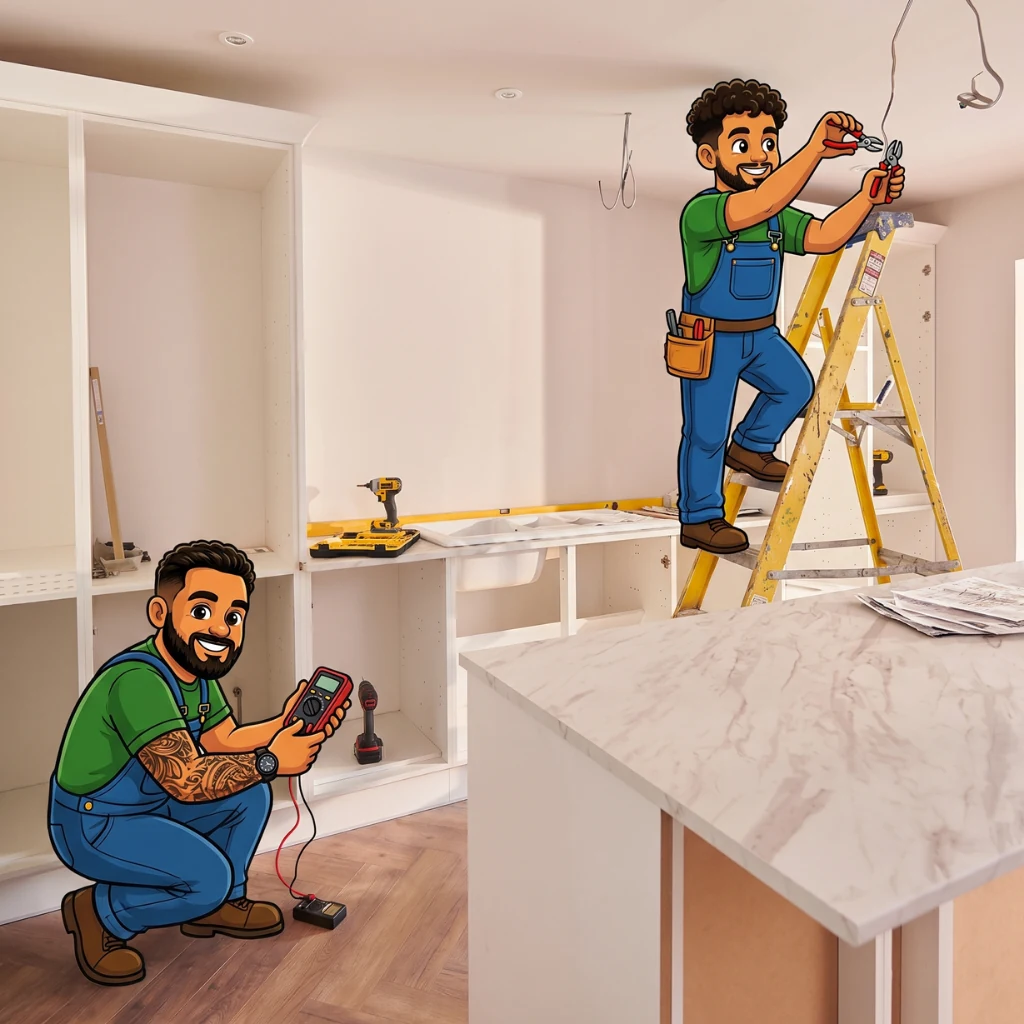 Illustrated handymen performing residential electrical work in a kitchen renovation