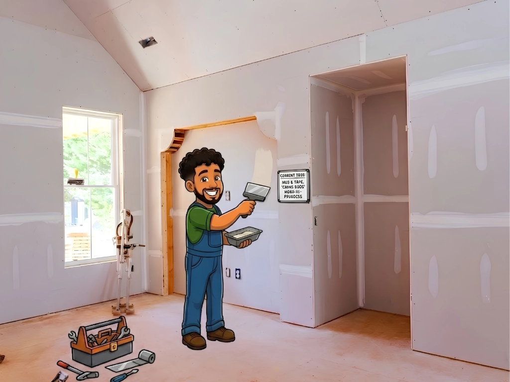 Illustrated handyman applying joint compound to newly installed drywall