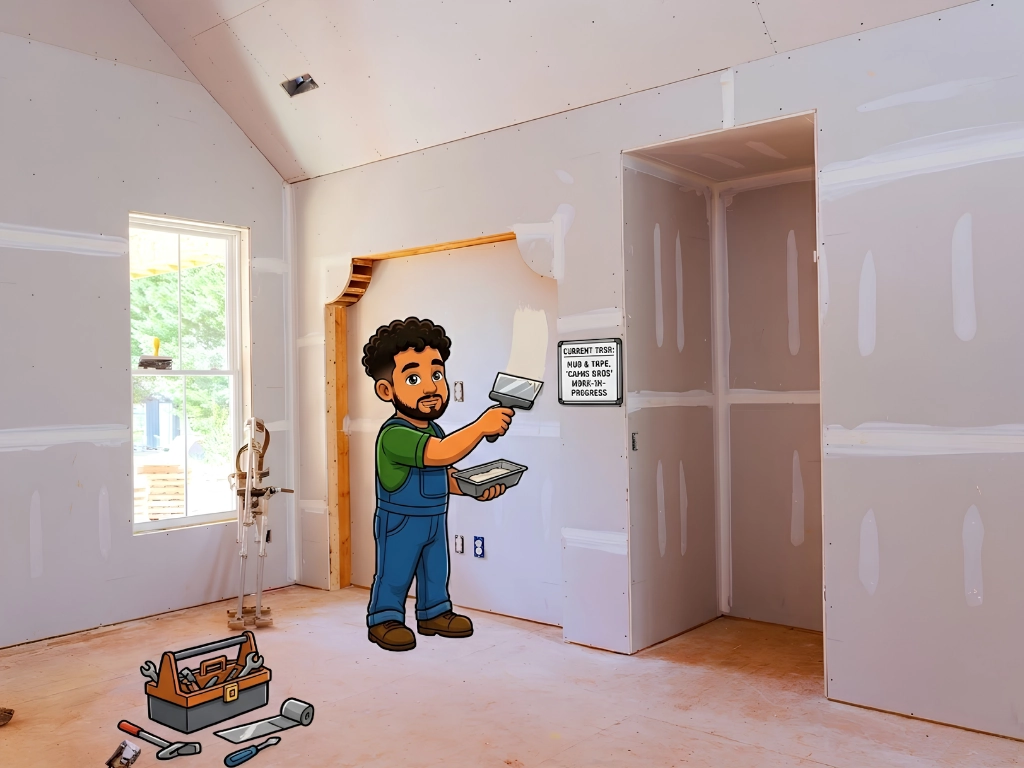 Illustrated handyman applying joint compound to drywall seams