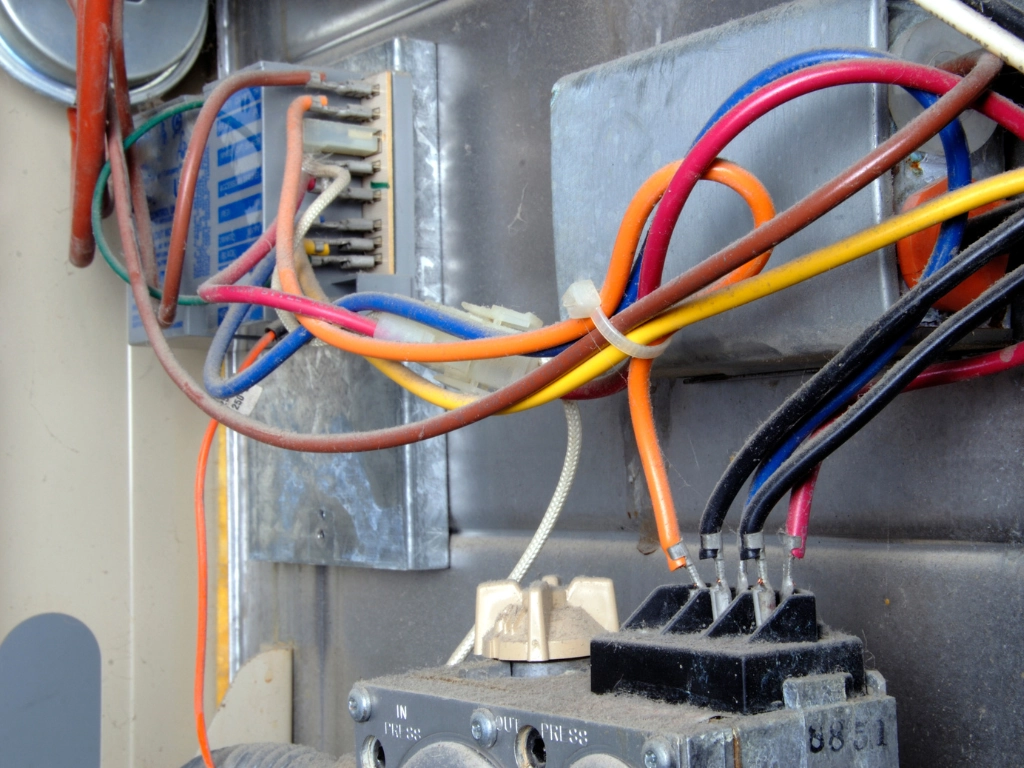Close-up of multicolored electrical wiring and internal components