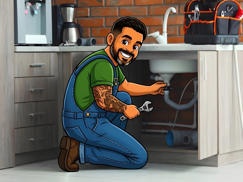 Illustrated handyman inspecting and repairing plumbing beneath a kitchen sink