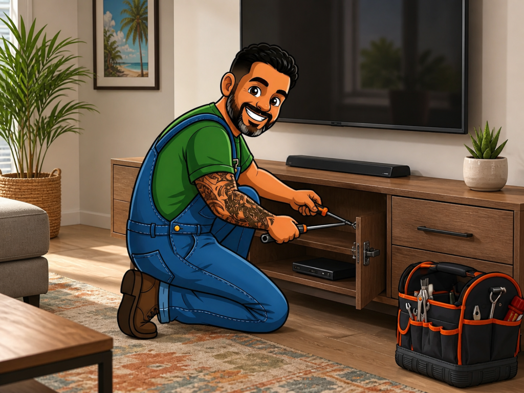 Illustrated handyman assembling and repairing a cabinet beneath a wall-mounted television.