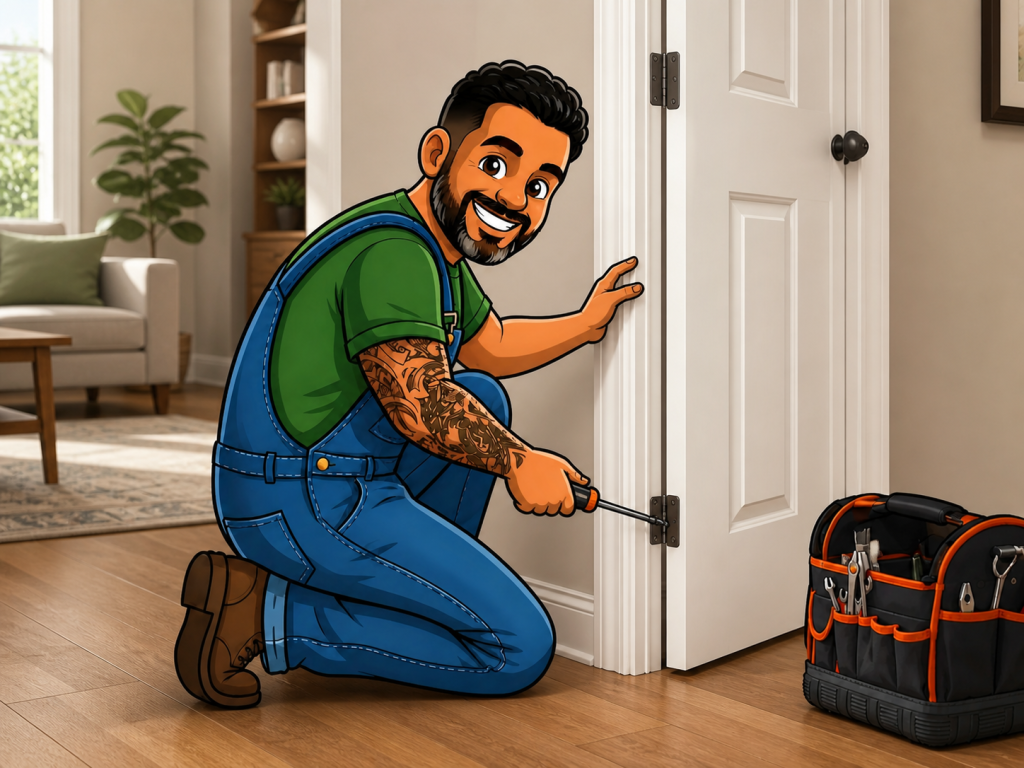 Illustrated handyman adjusting and repairing a door hinge inside a residential home.